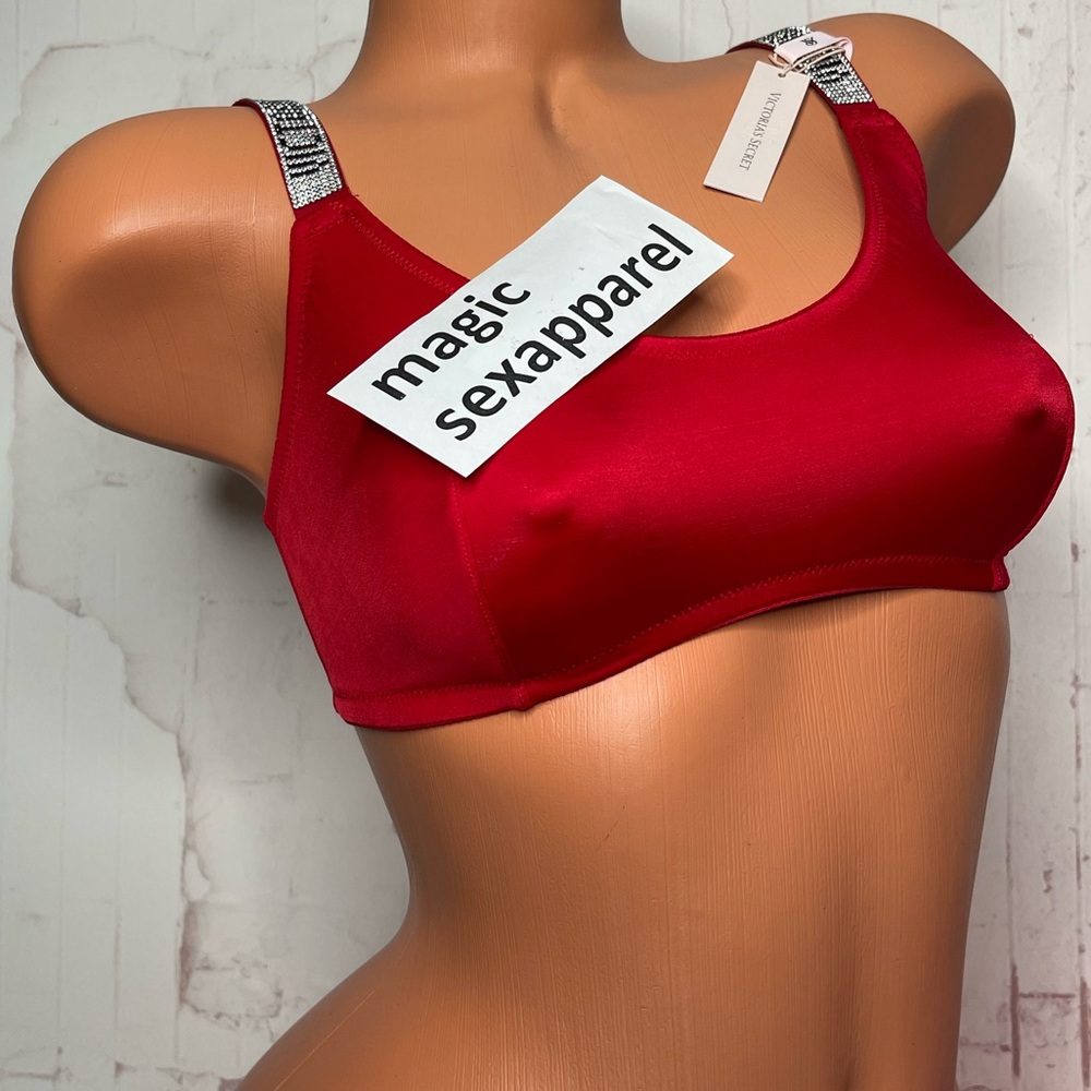 VS L LOGO SHINE STRAP L SCOOP BRALETTE WIRELESS CRYSTALS RHINESTONES SMOOTH RED